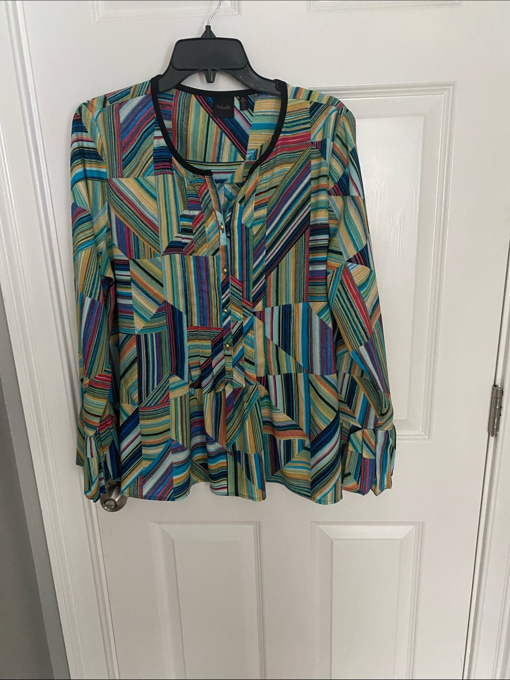 Rafaella Multi-Stripe Button-Front Tunic in Teal, Yellow & Pink